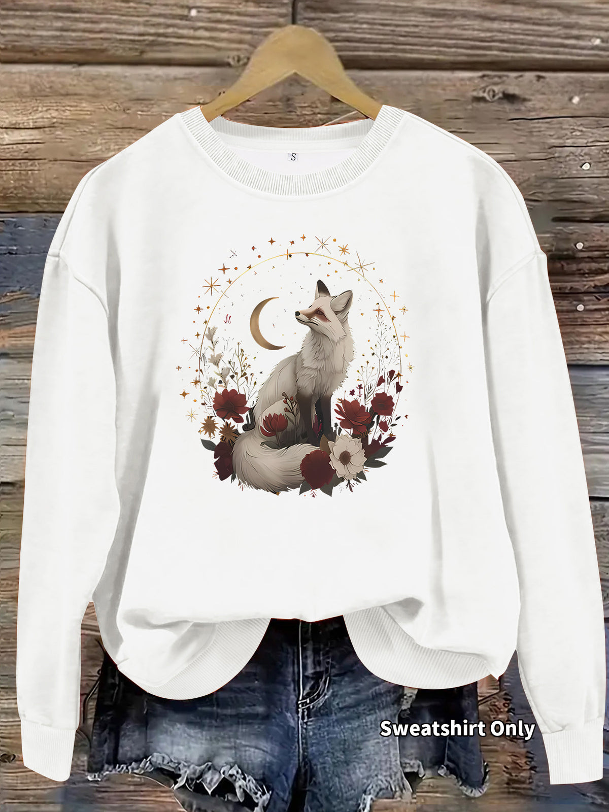 White fox print base long sleeved fleece sweatshirt