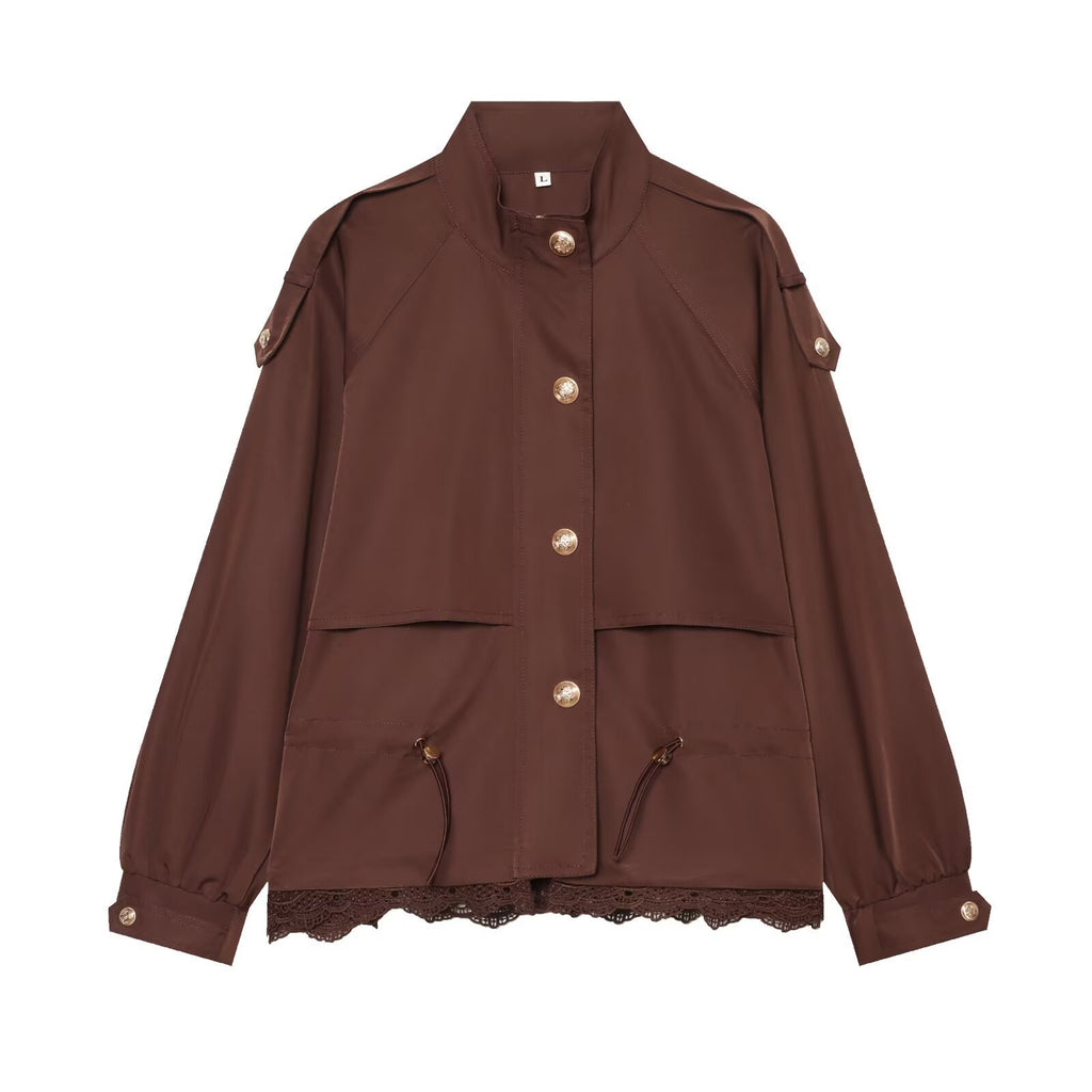 Simple stand up collar long sleeved single breasted lace patchwork workwear short jacket