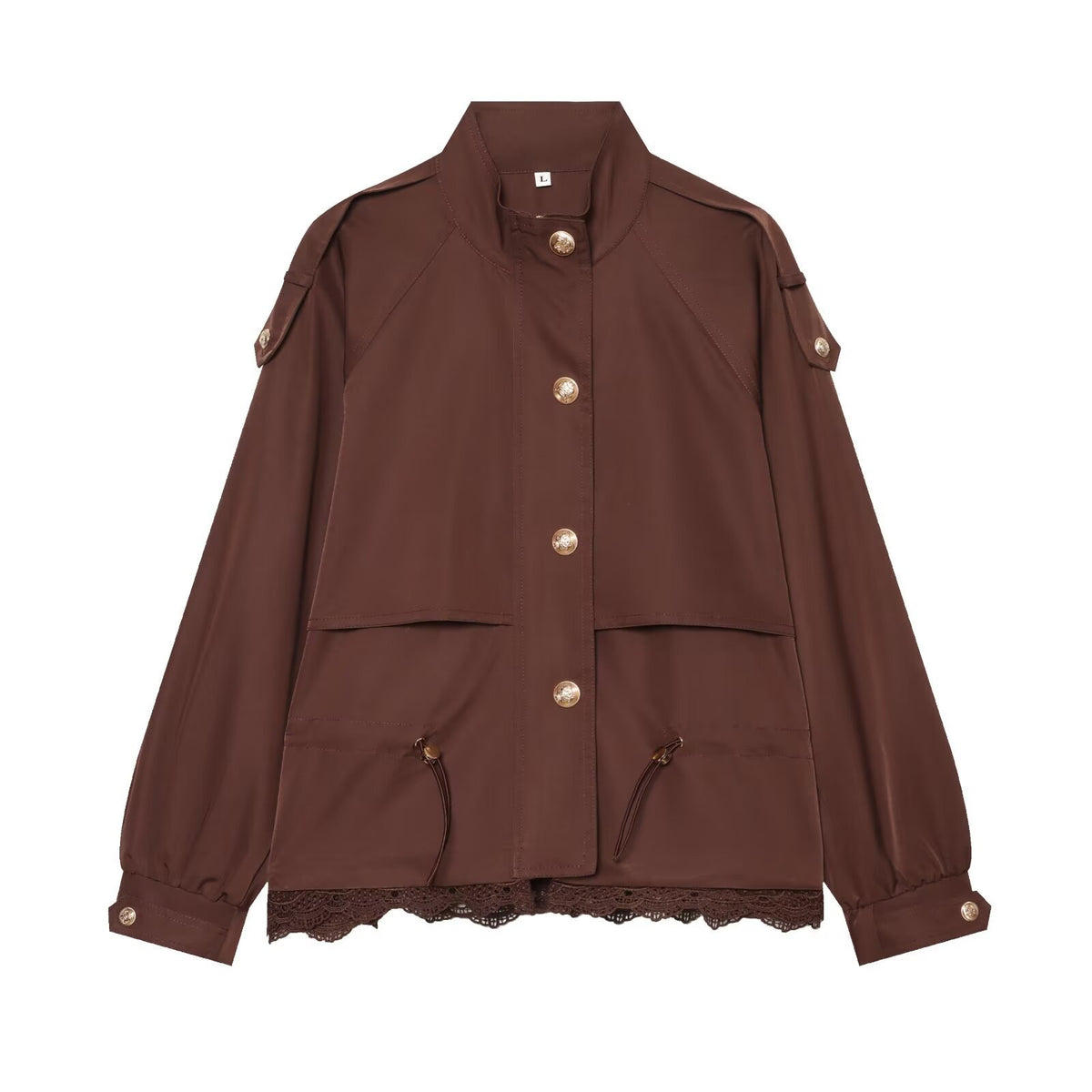 Simple stand up collar long sleeved single breasted lace patchwork workwear short jacket