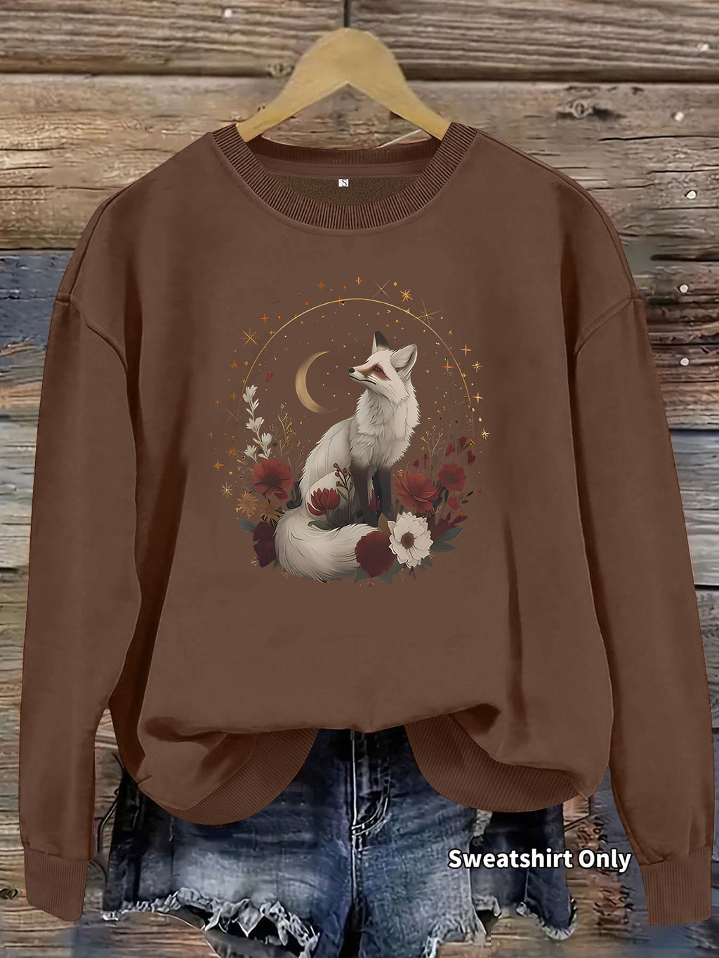 White fox print base long sleeved fleece sweatshirt