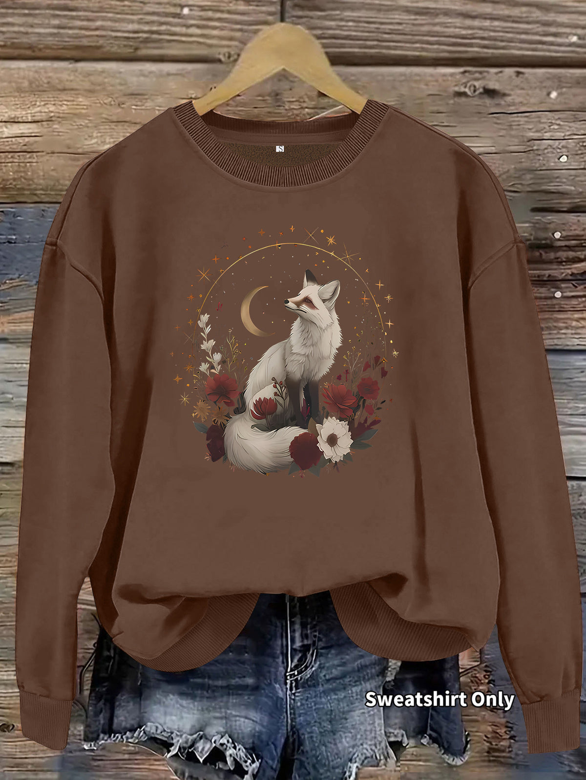 White fox print base long sleeved fleece sweatshirt