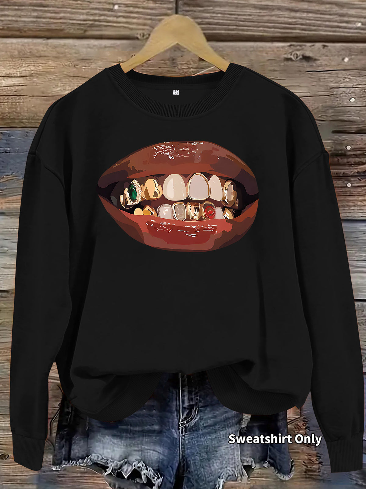 Black lip print loose women's fleece sweatshirt