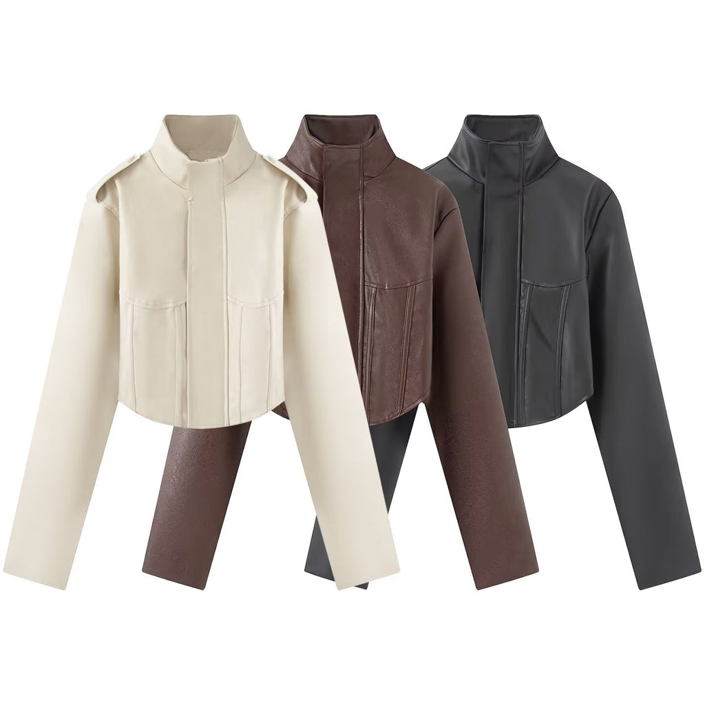 Solid color stand up collar fishbone PU leather short jacket
