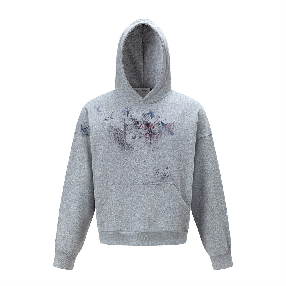 Men's Casual Punk Star Graffiti Print Distressed Oversized Long Sleeve Hooded Pullover Sweatshirt