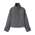 Gray Relaxed Fit Wool Blend Zip-Up Cropped Coat for Women