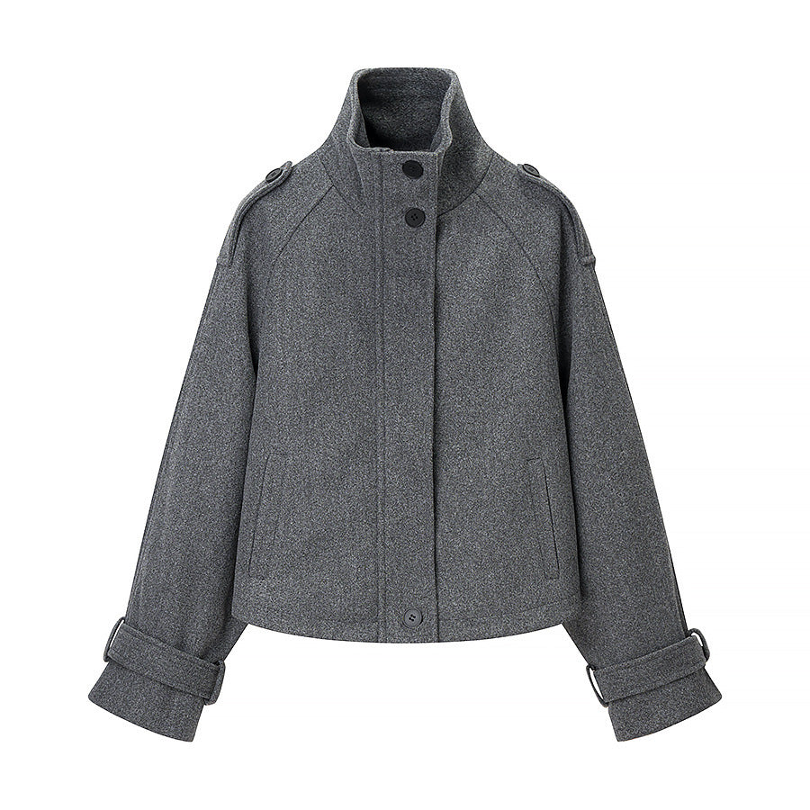 Gray Relaxed Fit Wool Blend Zip-Up Cropped Coat for Women