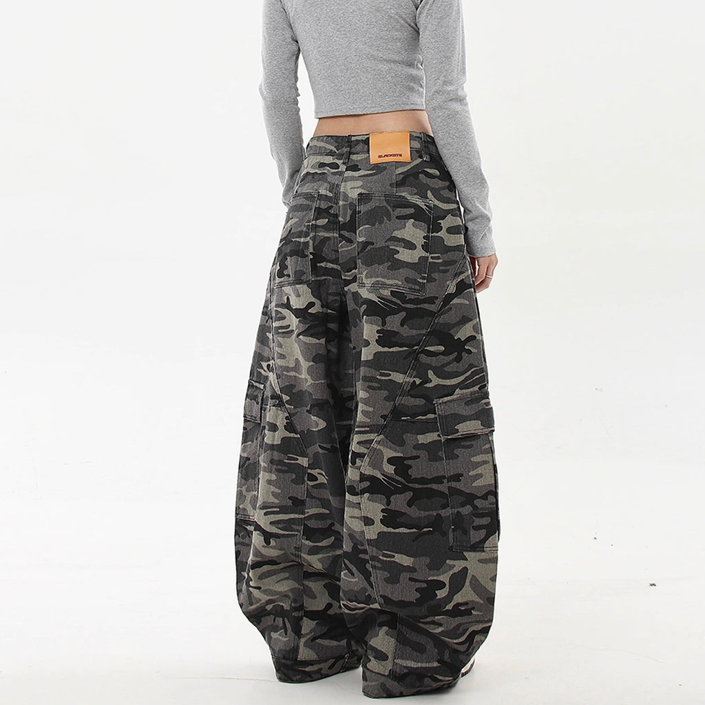 Camouflage Cargo Jeans Women Retro Multi-pocket Wide-leg Deconstructed Banana Knife Pants