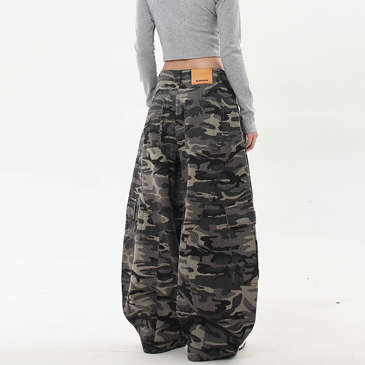 Camouflage Cargo Jeans Women Retro Multi-pocket Wide-leg Deconstructed Banana Knife Pants