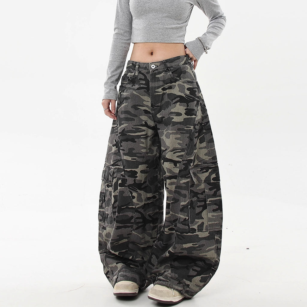 Camouflage Cargo Jeans Women Retro Multi-pocket Wide-leg Deconstructed Banana Knife Pants
