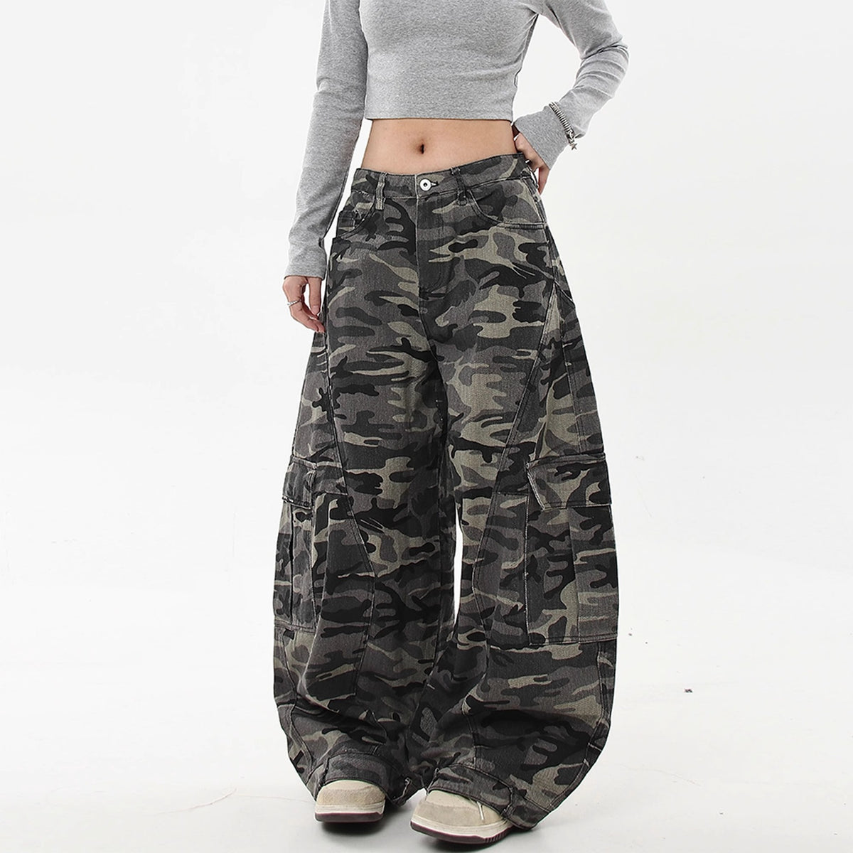 Camouflage Cargo Jeans Women Retro Multi-pocket Wide-leg Deconstructed Banana Knife Pants
