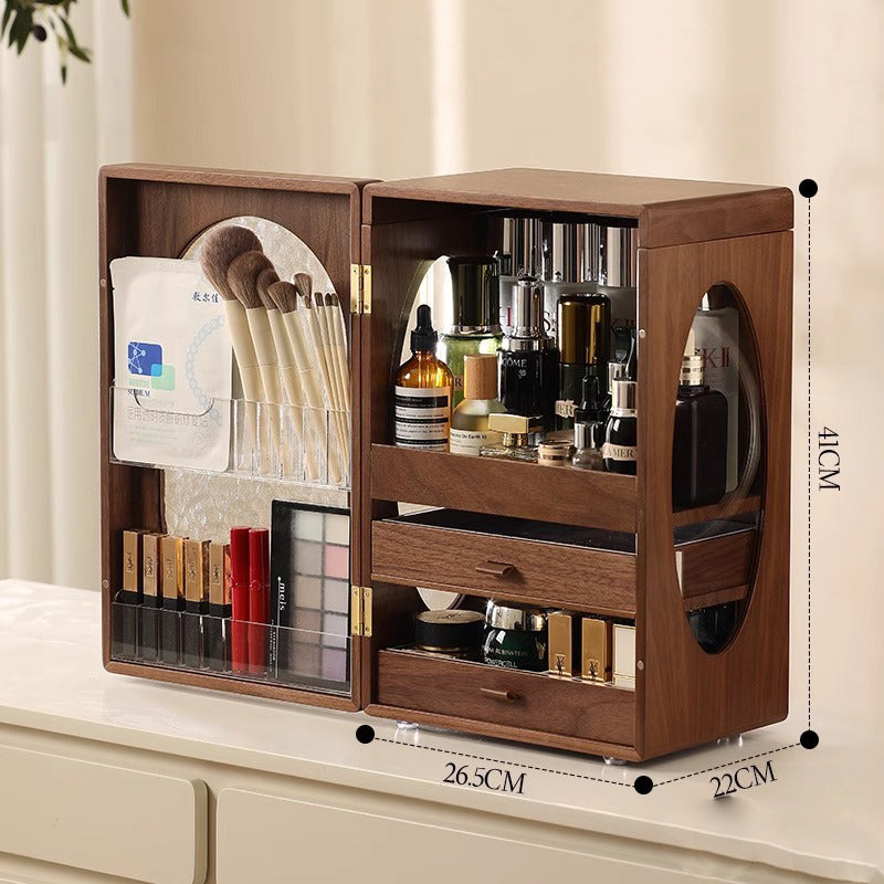 Cosmetics desktop storage cabinet with rotating solid wood