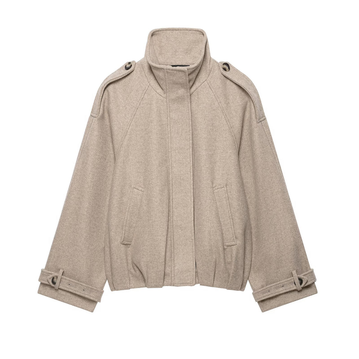 Loose long sleeved stand up collar tripe woolen jacket