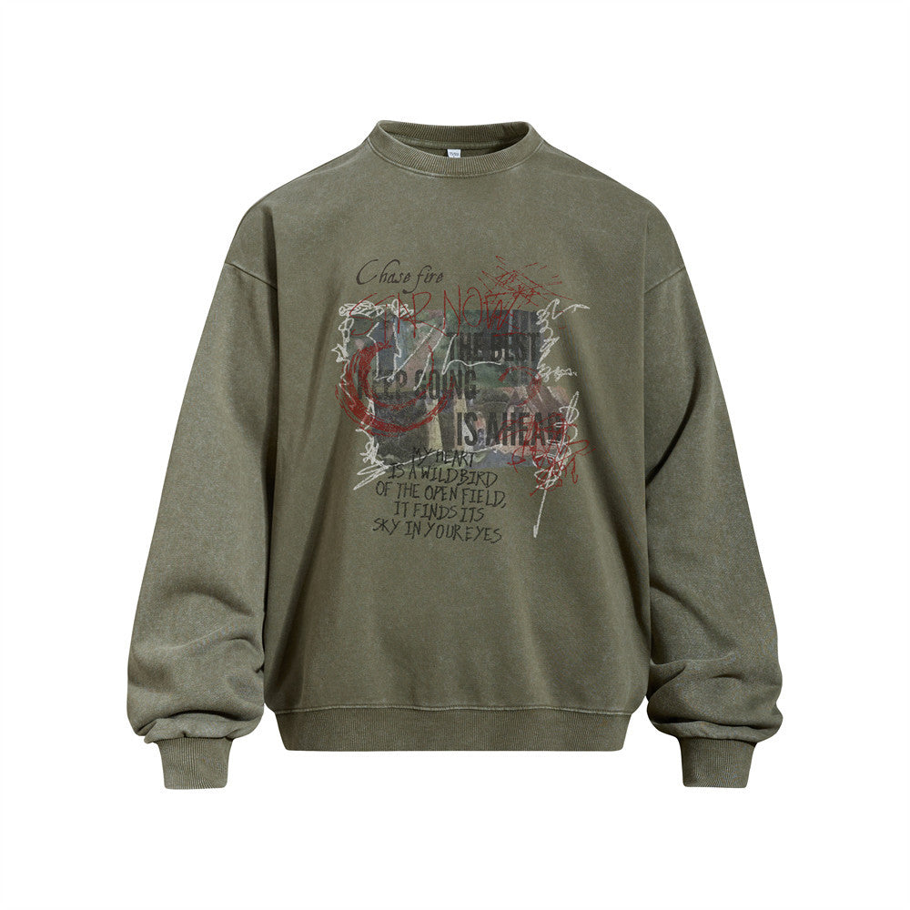 Men's Vintage Washed Graffiti Letter Print Crewneck Sweatshirt Casual Street Style Pullover
