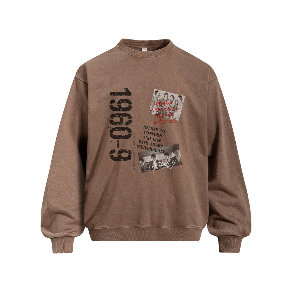 Vintage Number  Portrait Print Long Sleeve Crew Neck Men's Sweatshirt with Distressed Wash