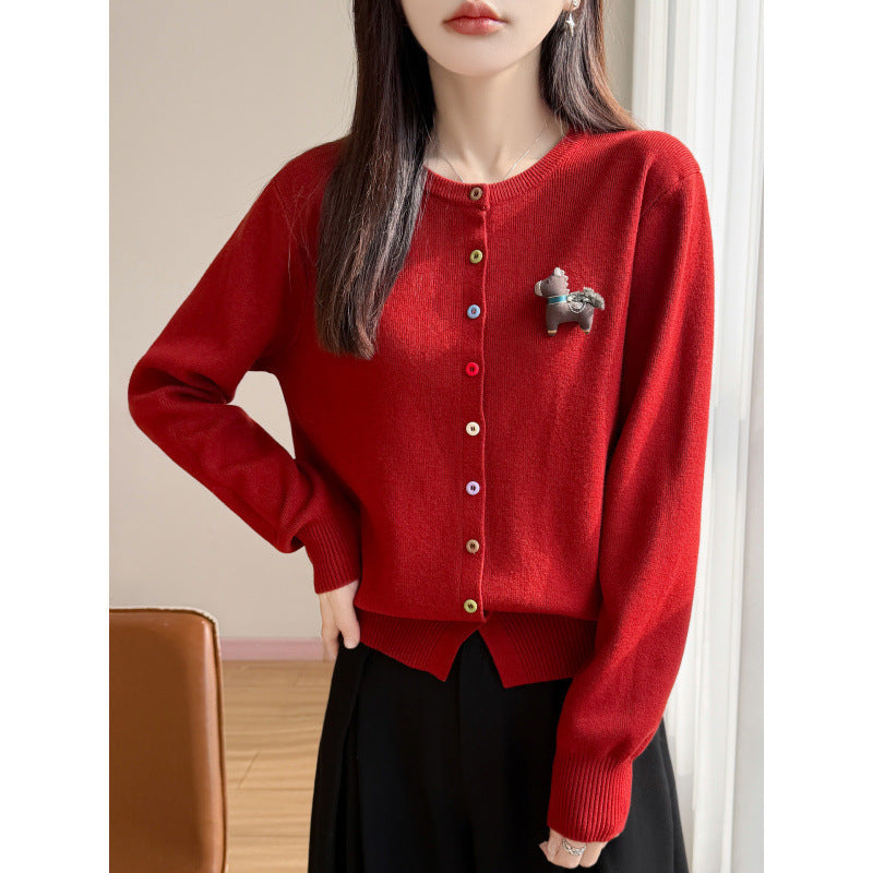Women's Loose Long Sleeve Round Neck Knit Cardigan