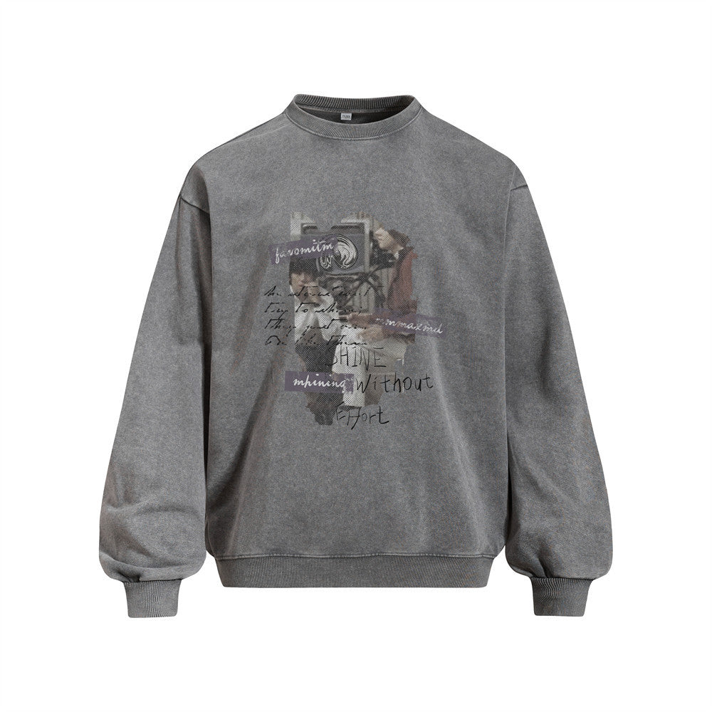 Men's Vintage Washed Portrait Graphic Print Long Sleeve Crew Neck Pullover Sweatshirt