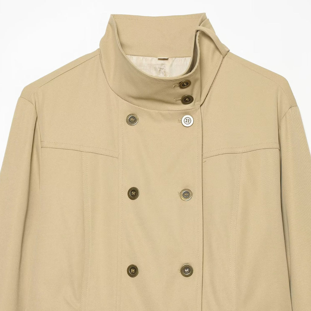 Casual double breasted long sleeved stand up collar pocket embellished jacket
