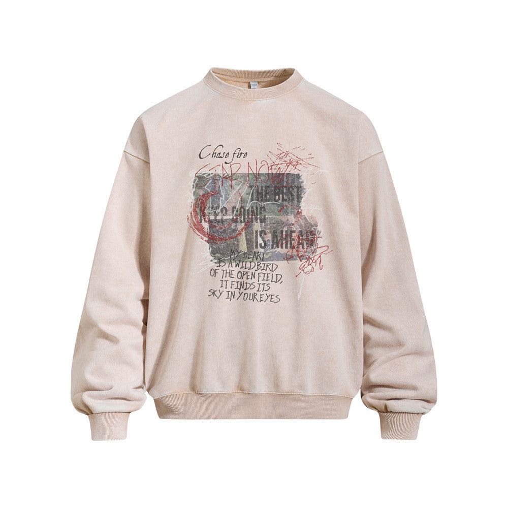 Men's Vintage Washed Graffiti Letter Print Crewneck Sweatshirt Casual Street Style Pullover