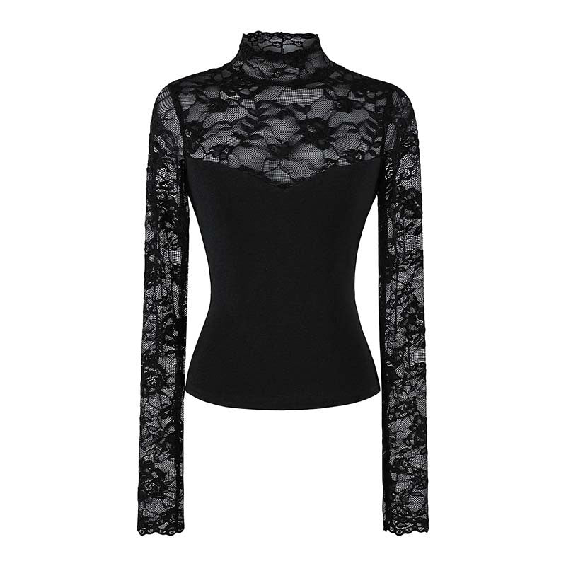 Lace Spliced Cut-Out Stand Collar Crop Women's T-Shirt