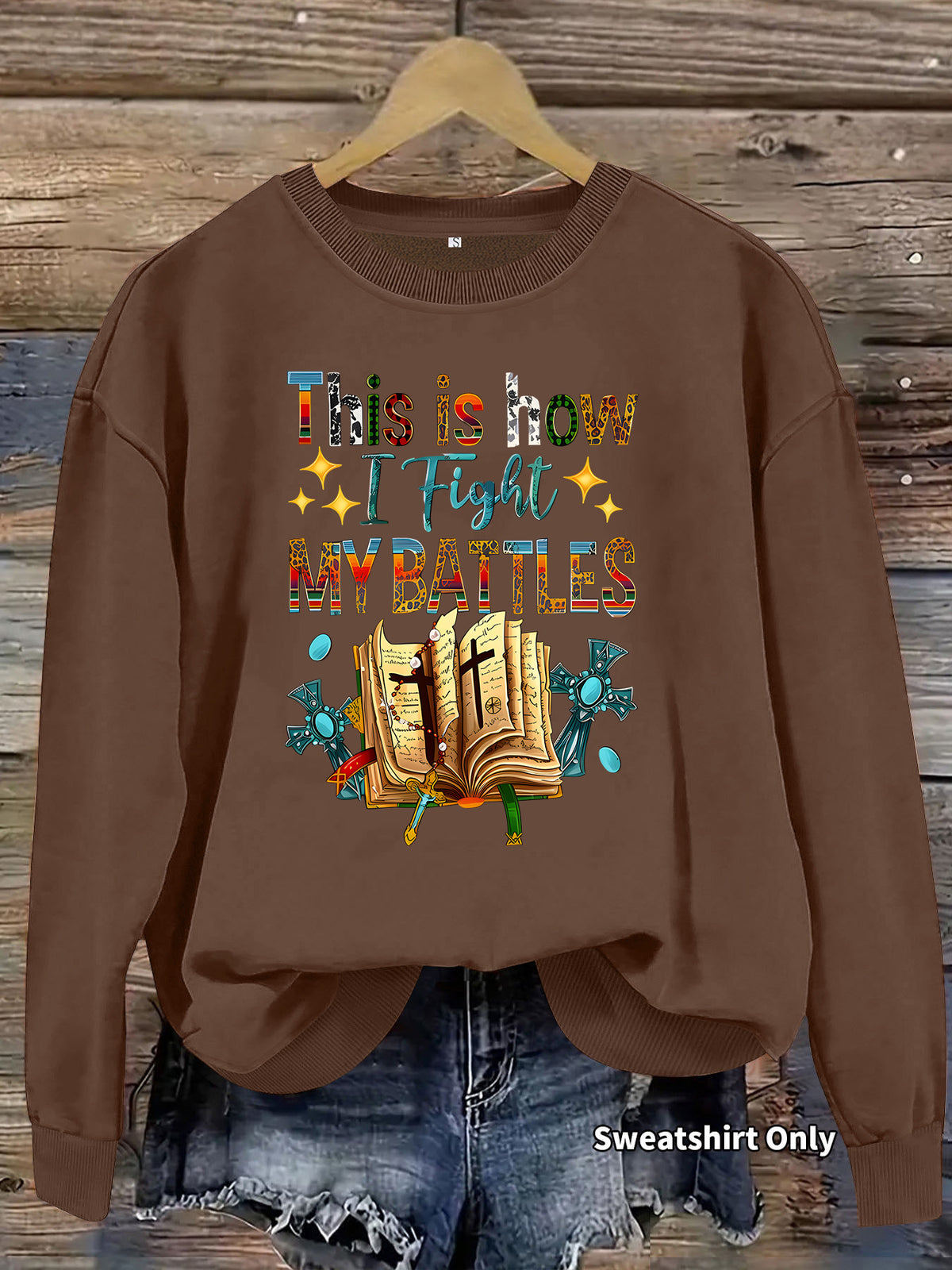 Letter pattern printed round neck fleece hoodie