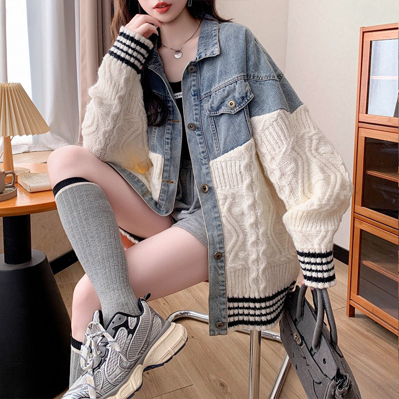 Loose denim patchwork sweater