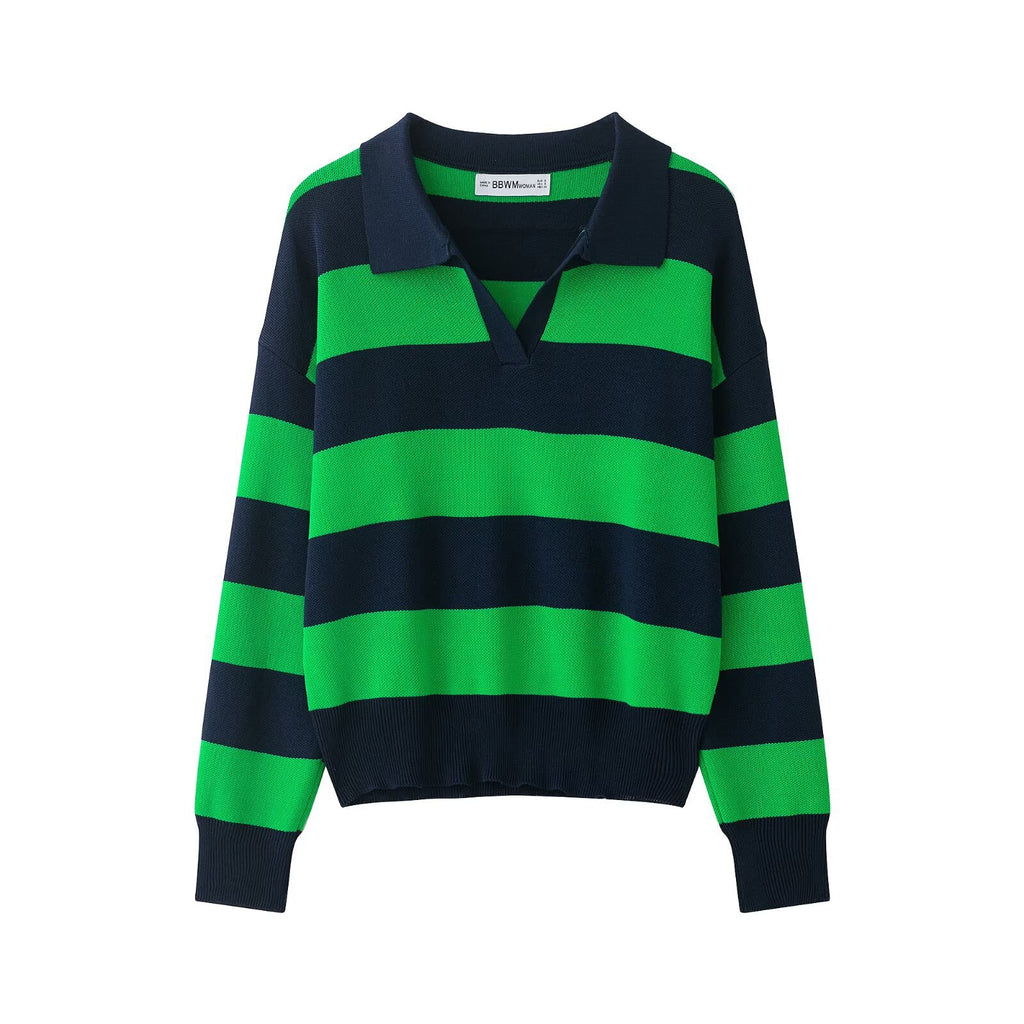Elegant Contrast Stripe Knit Cardigan Women's Top with Lapel Collar Slimming Fit