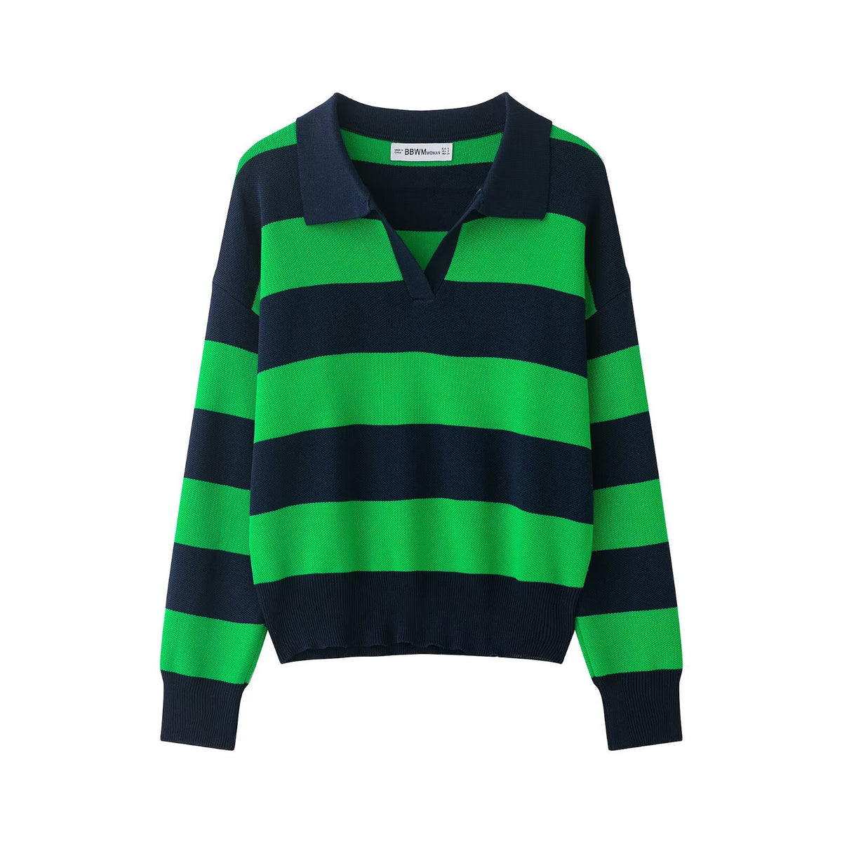 Elegant Contrast Stripe Knit Cardigan Women's Top with Lapel Collar Slimming Fit