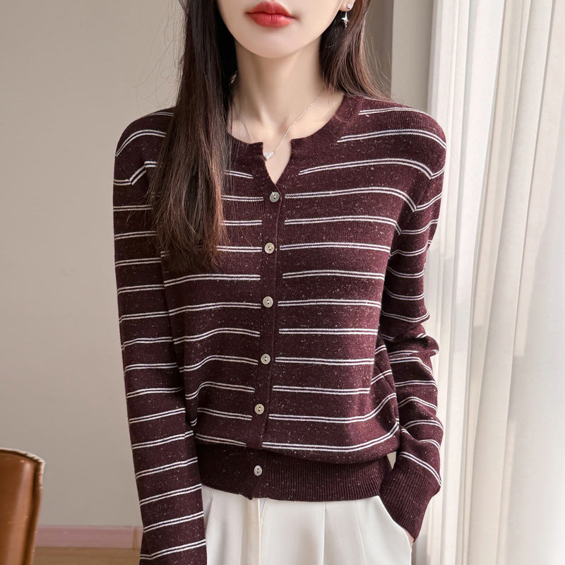 Women's Long Sleeve V-Neck Knit Cardigan Color Block Stripe Polka Dot Loose Fit Sweater Top
