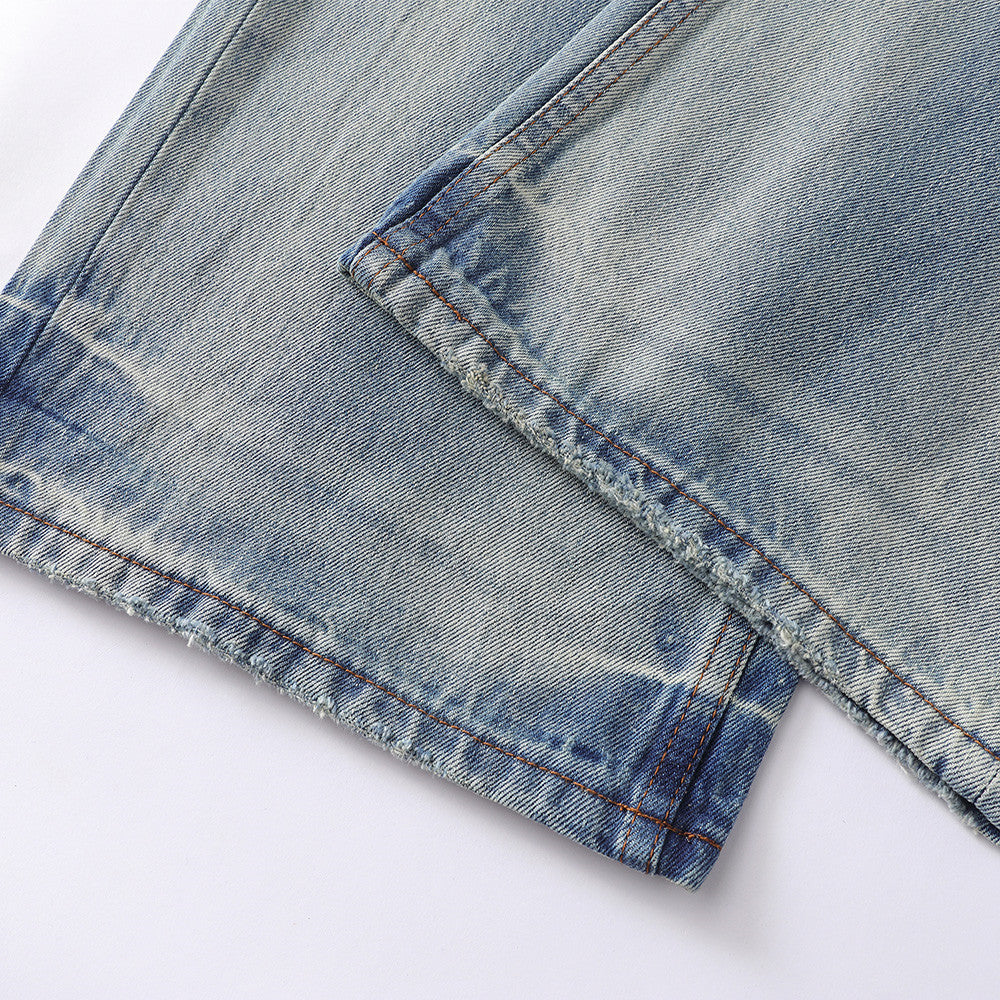 Men's Vintage  Washed Distressed Wide Leg Ripped Hem Denim Jeans
