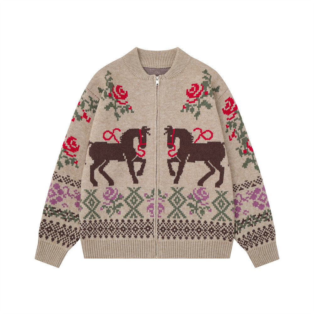 Euro Ethnic Jacquard Open Front Stand Collar Loose Fit Men's Knit Jacket