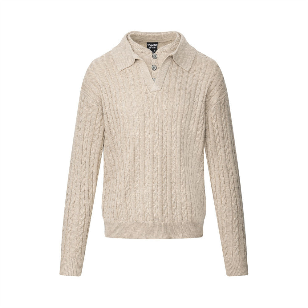 Men's Streetwear Vibe Solid Color Cable Knit Long Sleeve Lapel Collar Pullover Sweater