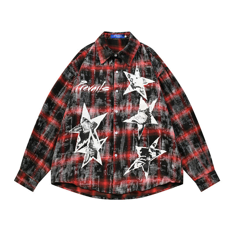 Men's Wasteland Style Distressed Plaid Tie-Dye Long Sleeve Casual Shirt