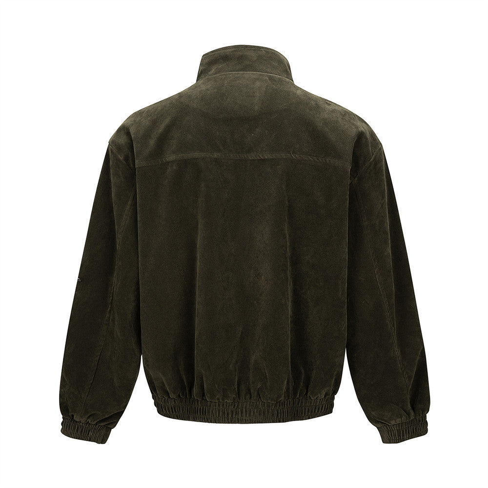 Men's Workwear Style Leather Patchwork Striped Stand Collar Loose Fit Harrington Jacket