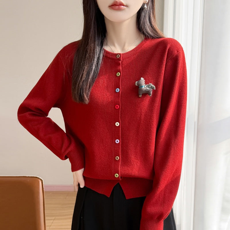 Women's Loose Long Sleeve Round Neck Knit Cardigan