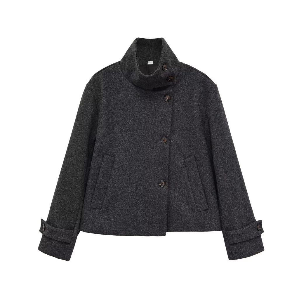 Versatile solid color long sleeved stand up collar jacket
