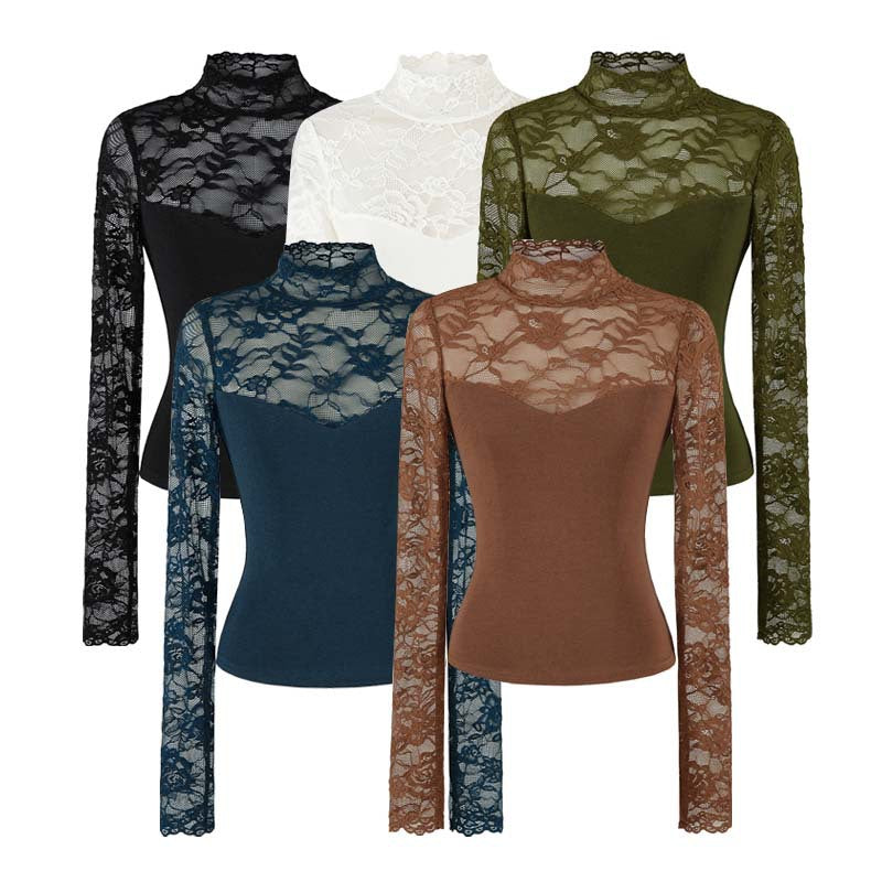 Lace Spliced Cut-Out Stand Collar Crop Women's T-Shirt