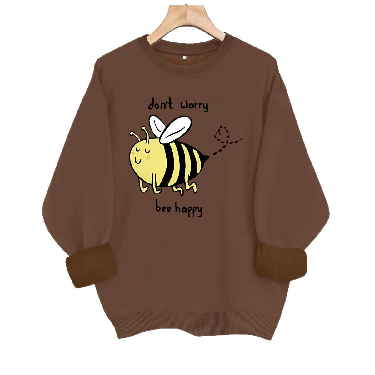 Bee pattern printed round neck fleece hoodie
