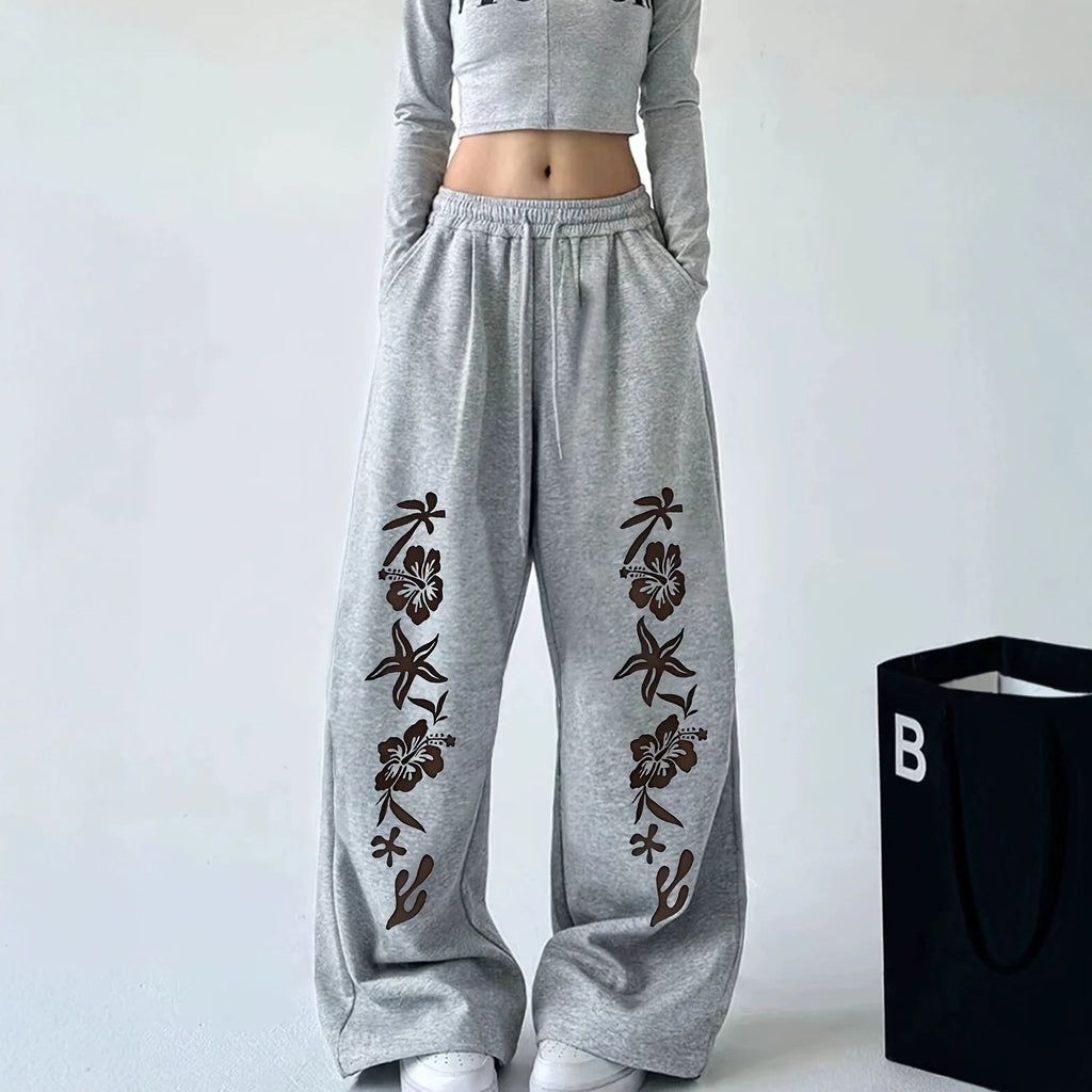 Print Wide Leg Drawstring Sweatpants