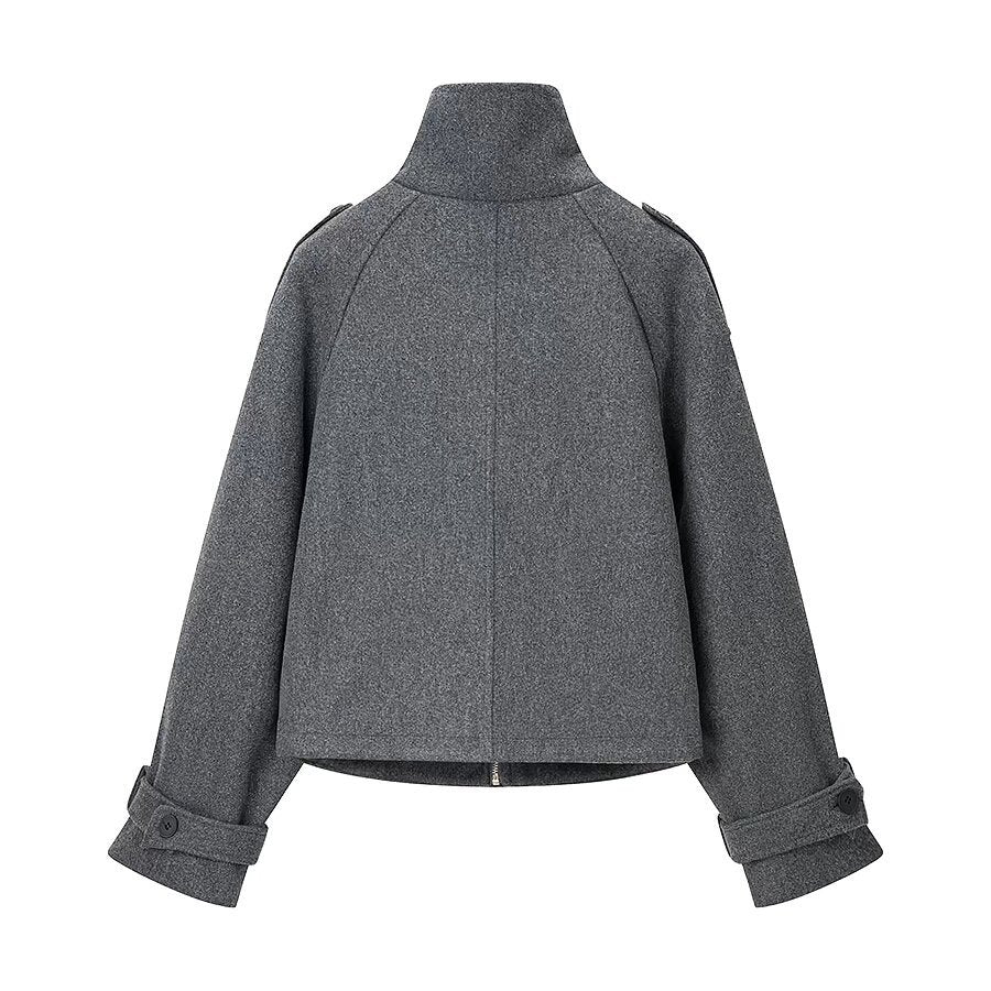 Gray Relaxed Fit Wool Blend Zip-Up Cropped Coat for Women