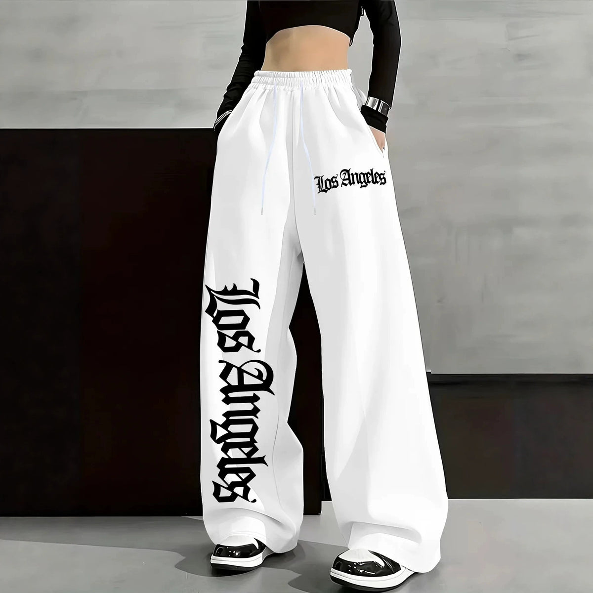 Women's Casual Gothic Letter Print Lightweight High Waist Adjustable Drawstring Wide Leg Pants