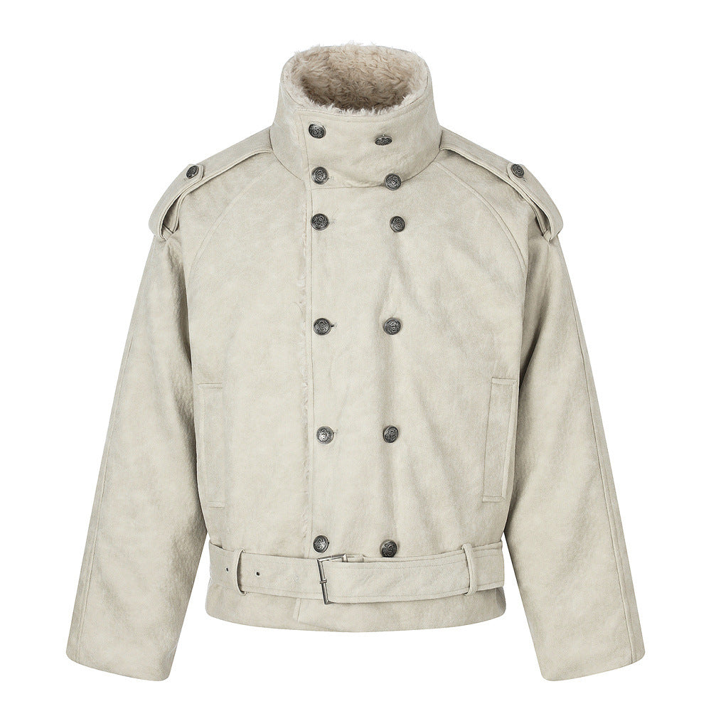 Double-Breasted Stand Collar Belted Relaxed Fit Men's Cotton Jacket