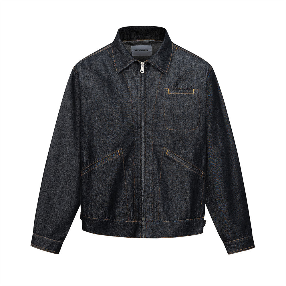 Men's Vintage Denim Jacket Streetwear Contrast Stitching Oversized Collar Jacket