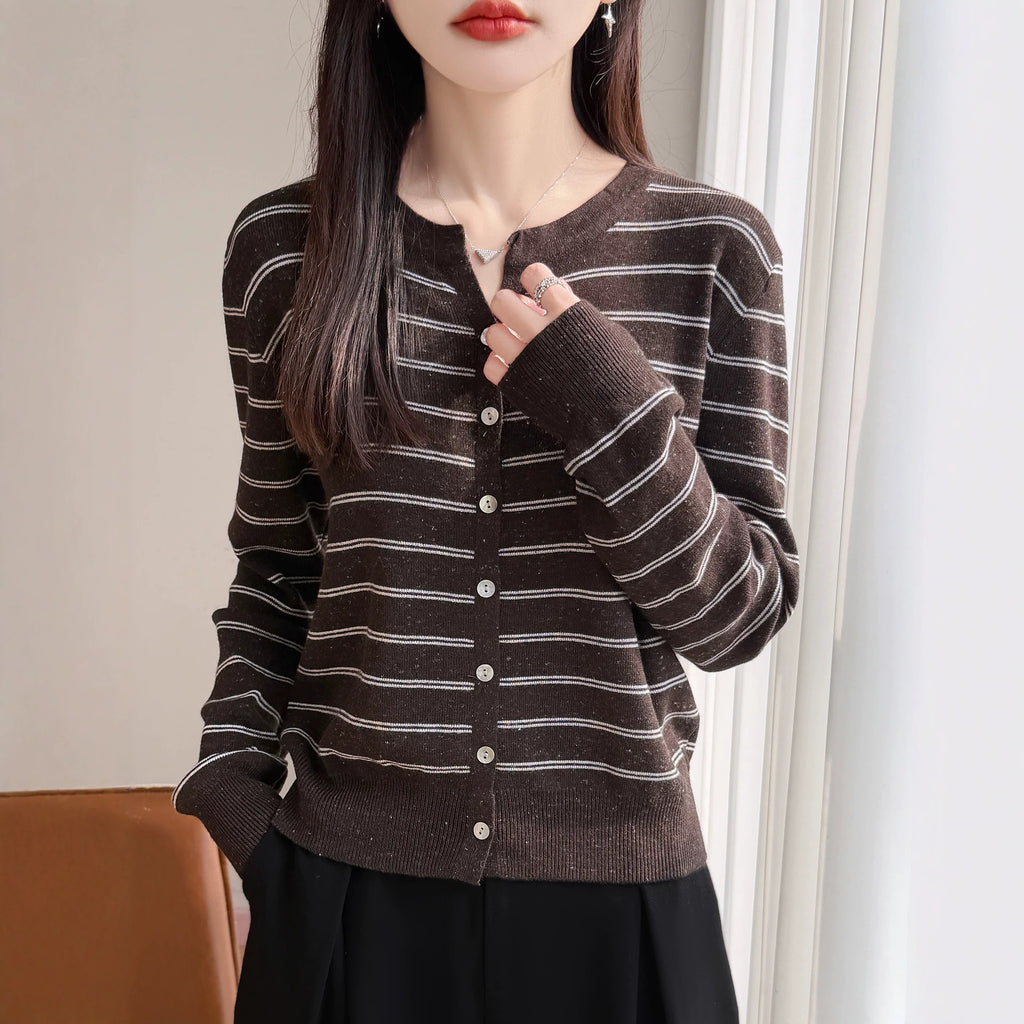 Women's Long Sleeve V-Neck Knit Cardigan Color Block Stripe Polka Dot Loose Fit Sweater Top