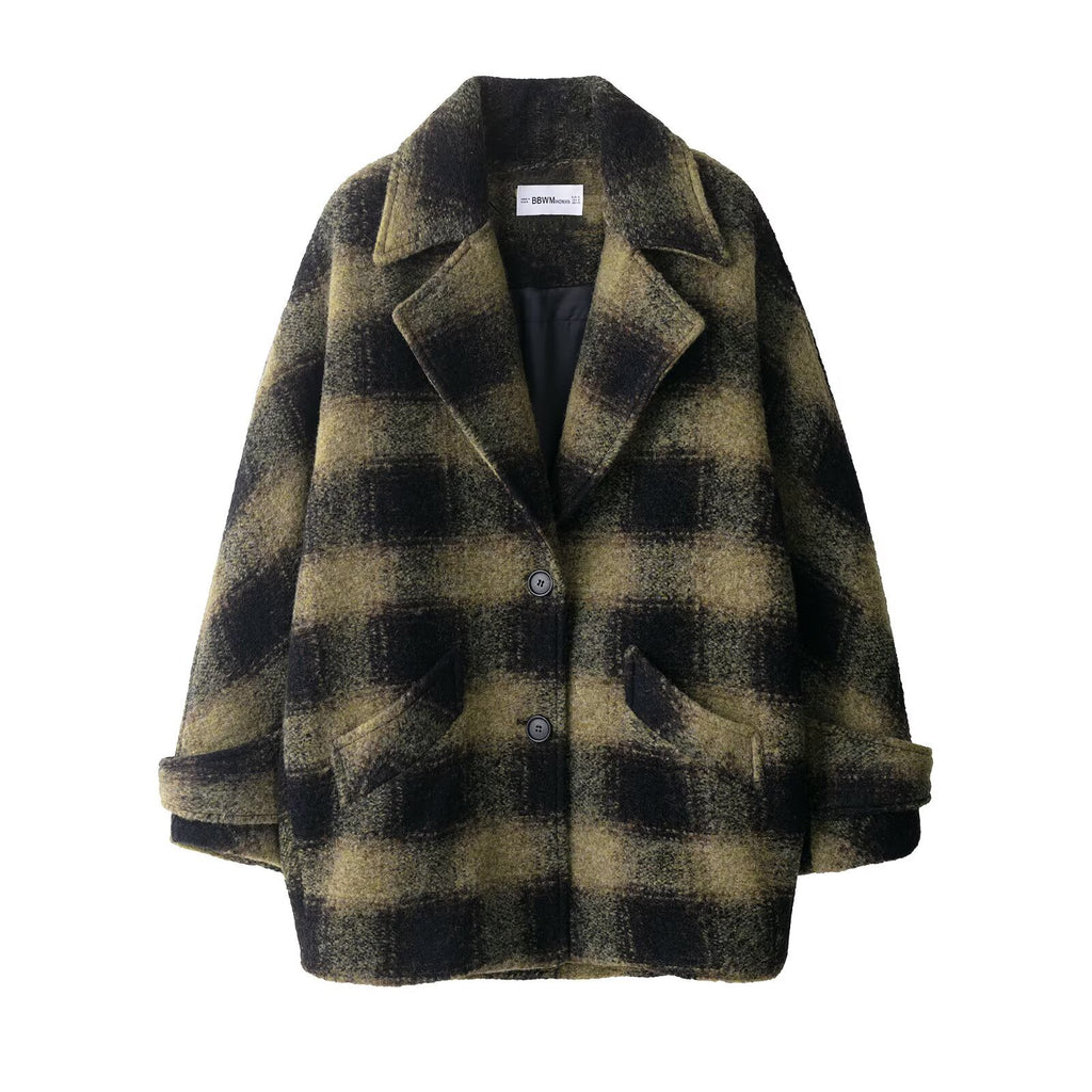 Casual Large Plaid Long Sleeve Woolen Mid-Length Coat