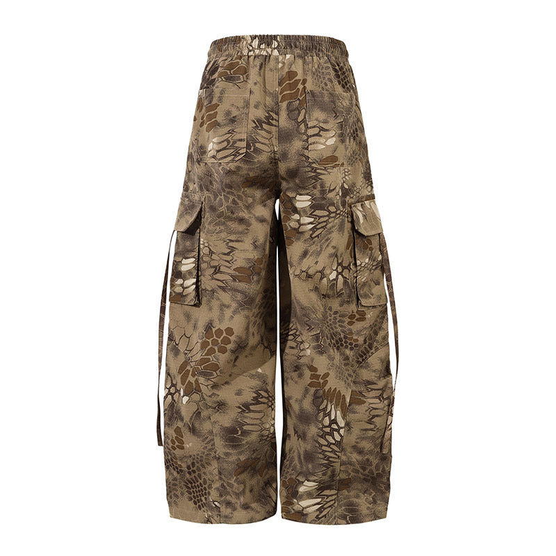 Loose Fit Cargo Trousers Snake Pattern Camouflage Multi-Pocket Wide Leg Casual Pants for Men and Women