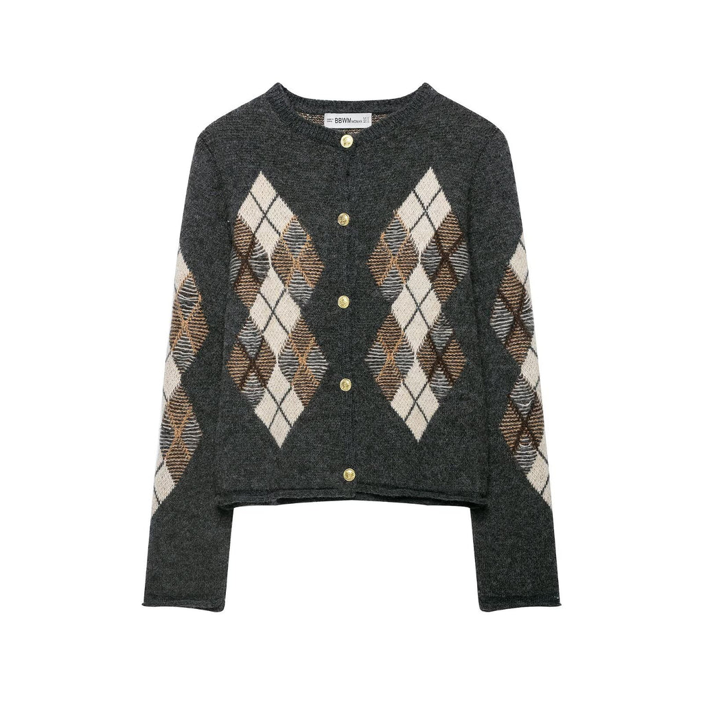 Quilted Knit Cardigan Crew Neck Sweater Top