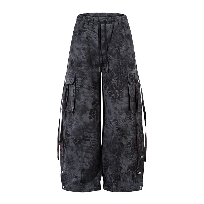 Loose Fit Cargo Trousers Snake Pattern Camouflage Multi-Pocket Wide Leg Casual Pants for Men and Women