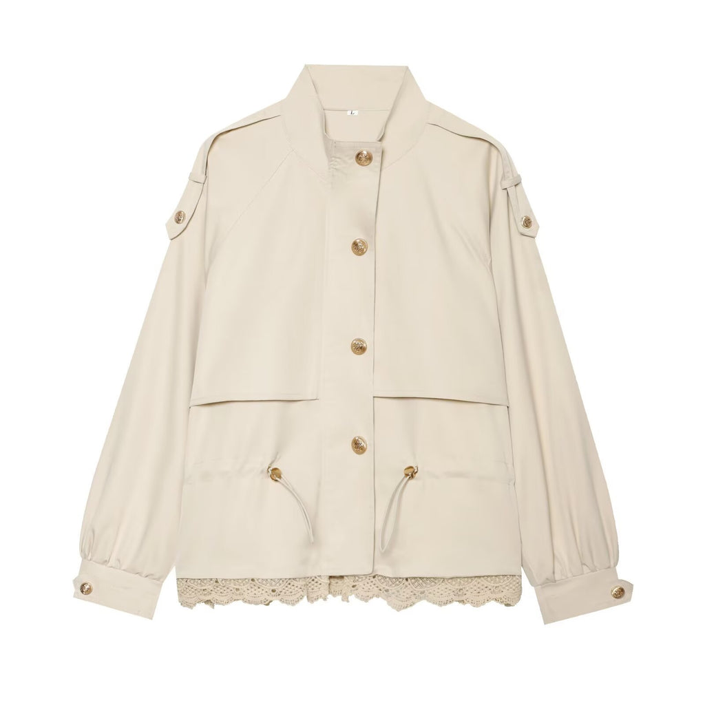Simple stand up collar long sleeved single breasted lace patchwork workwear short jacket