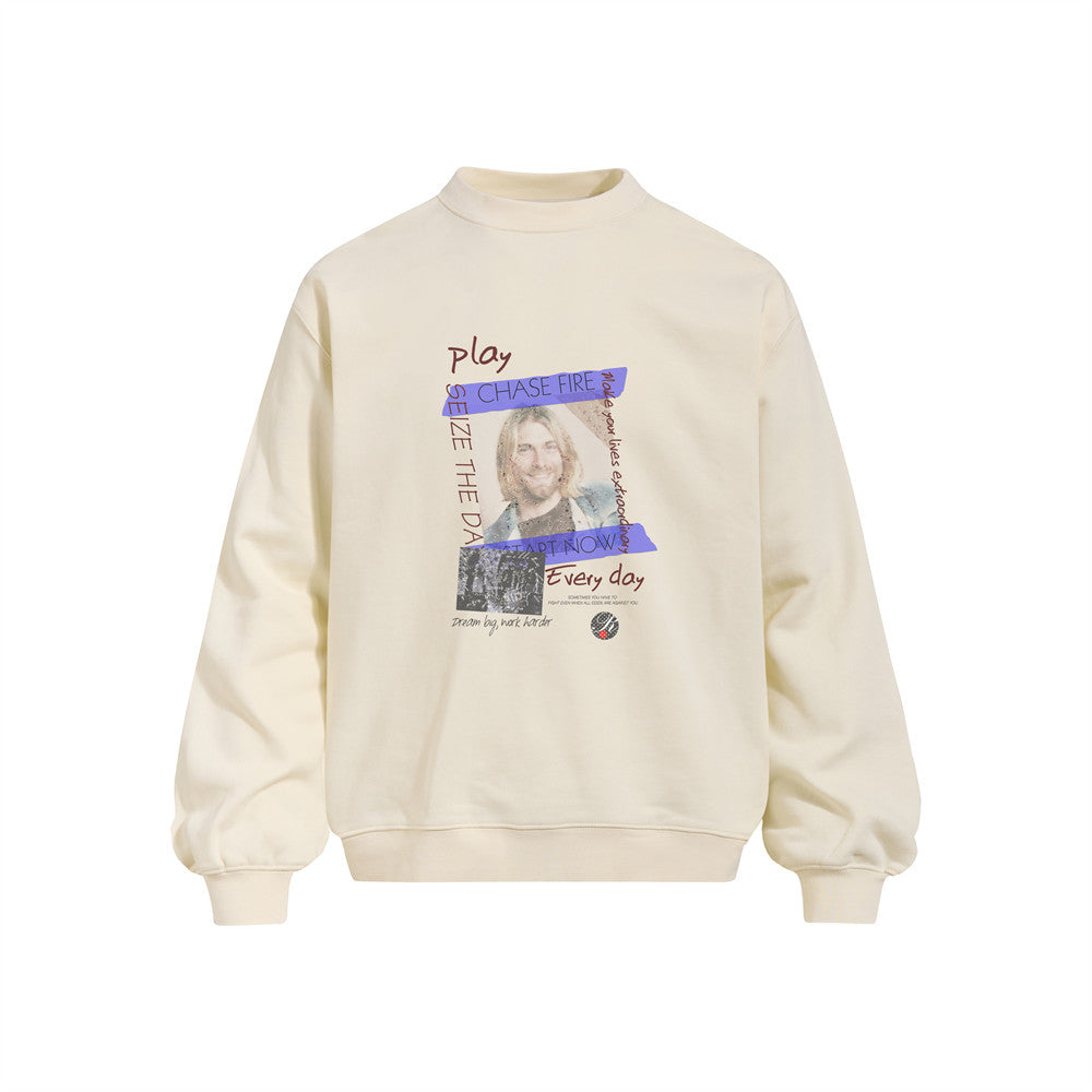 Men's Portrait Print Long Sleeve Crew Neck Oversized Heavyweight 420GSM Casual Streetwear Pullover Sweatshirt