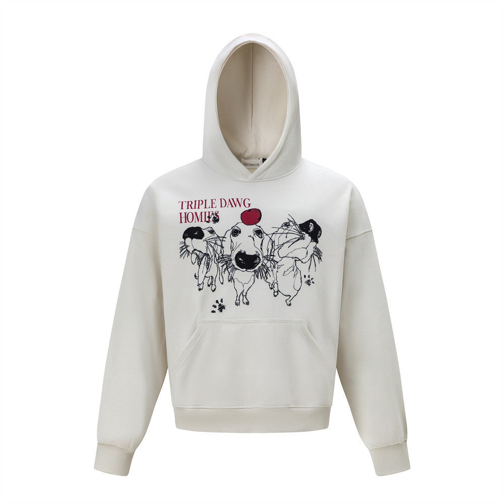 Men's Hip Hop Loose Long Sleeve Hooded Sweatshirt with Hand-drawn Cartoon Dog Print